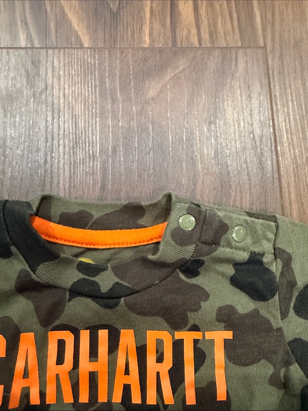 Carhartt Olive and Black Camo Baby Bodysuit with Orange Logo - Picture 4 of 6